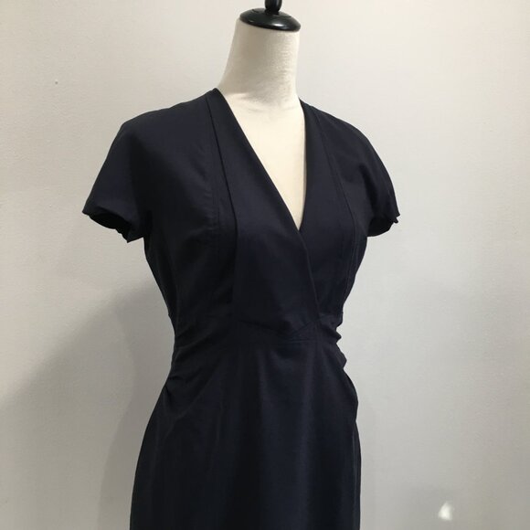 MM LAFLEUR Dark Blue Italian Wool Blend V Neck Short Sleeve Sheath/Shift Dress - Picture 6 of 14